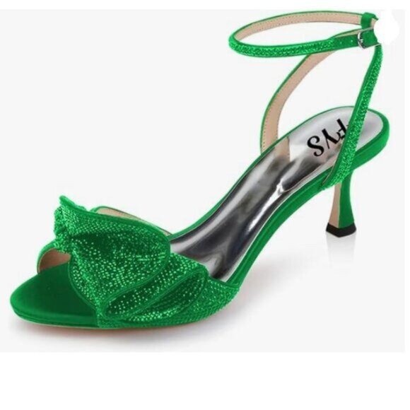 FYS Green Rhinestones Bow Peep Toe Mid Heel Ankle Strap Sandals Dress Shoes - Picture 1 of 8